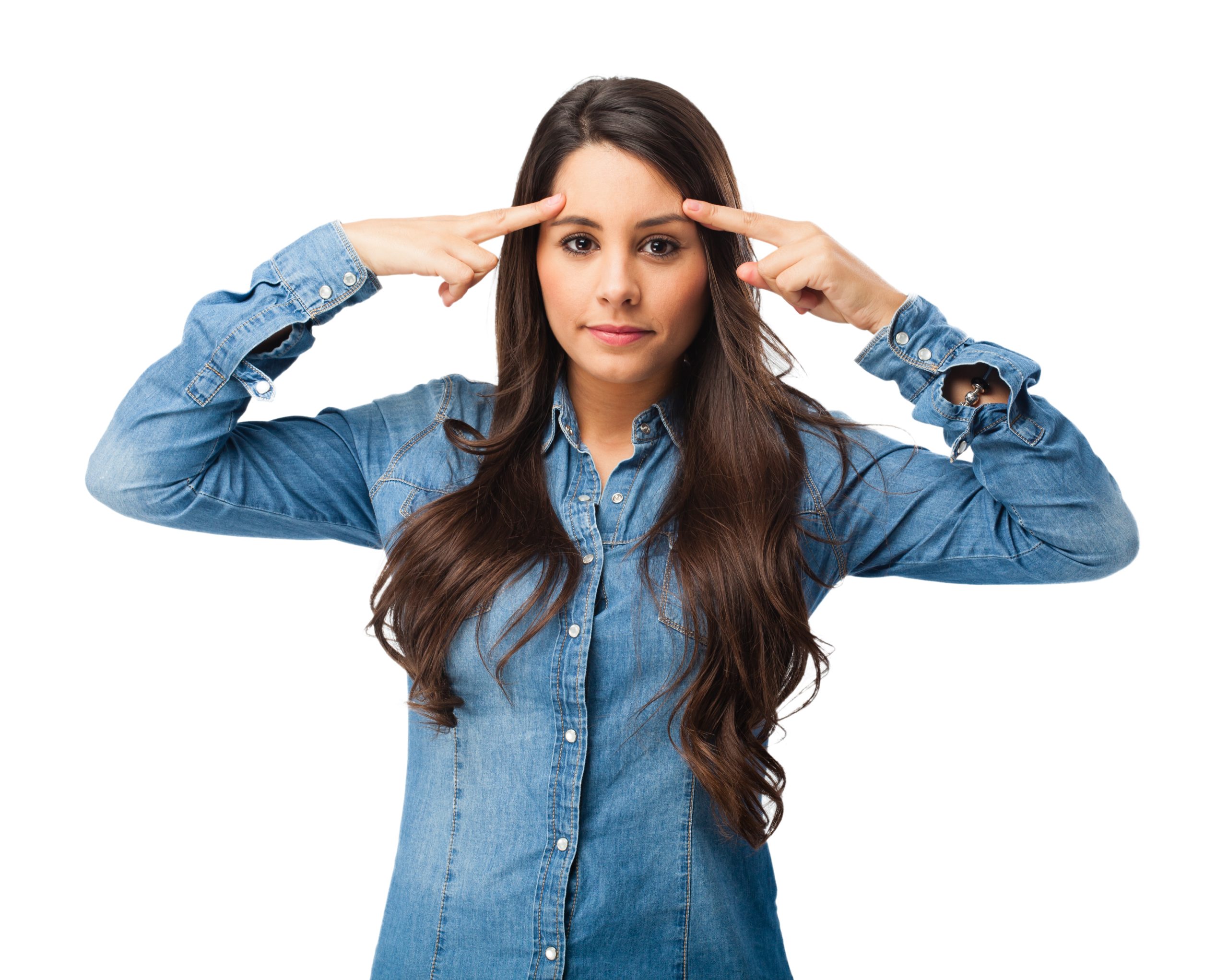 Happy Young Woman Concentrated Pose