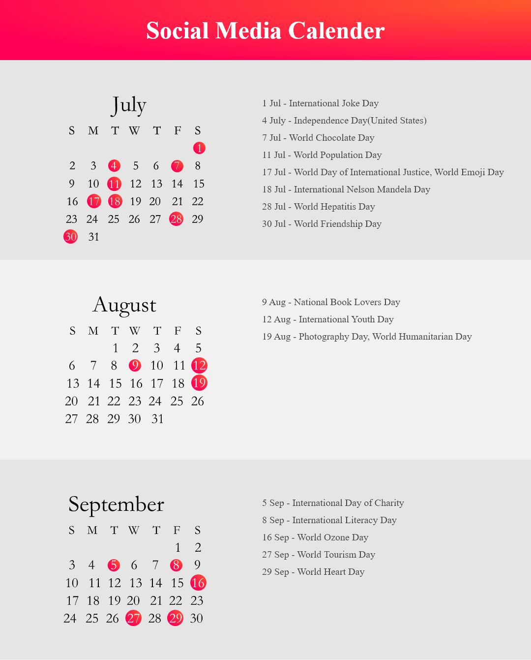 Social Media Calender – July To Sept