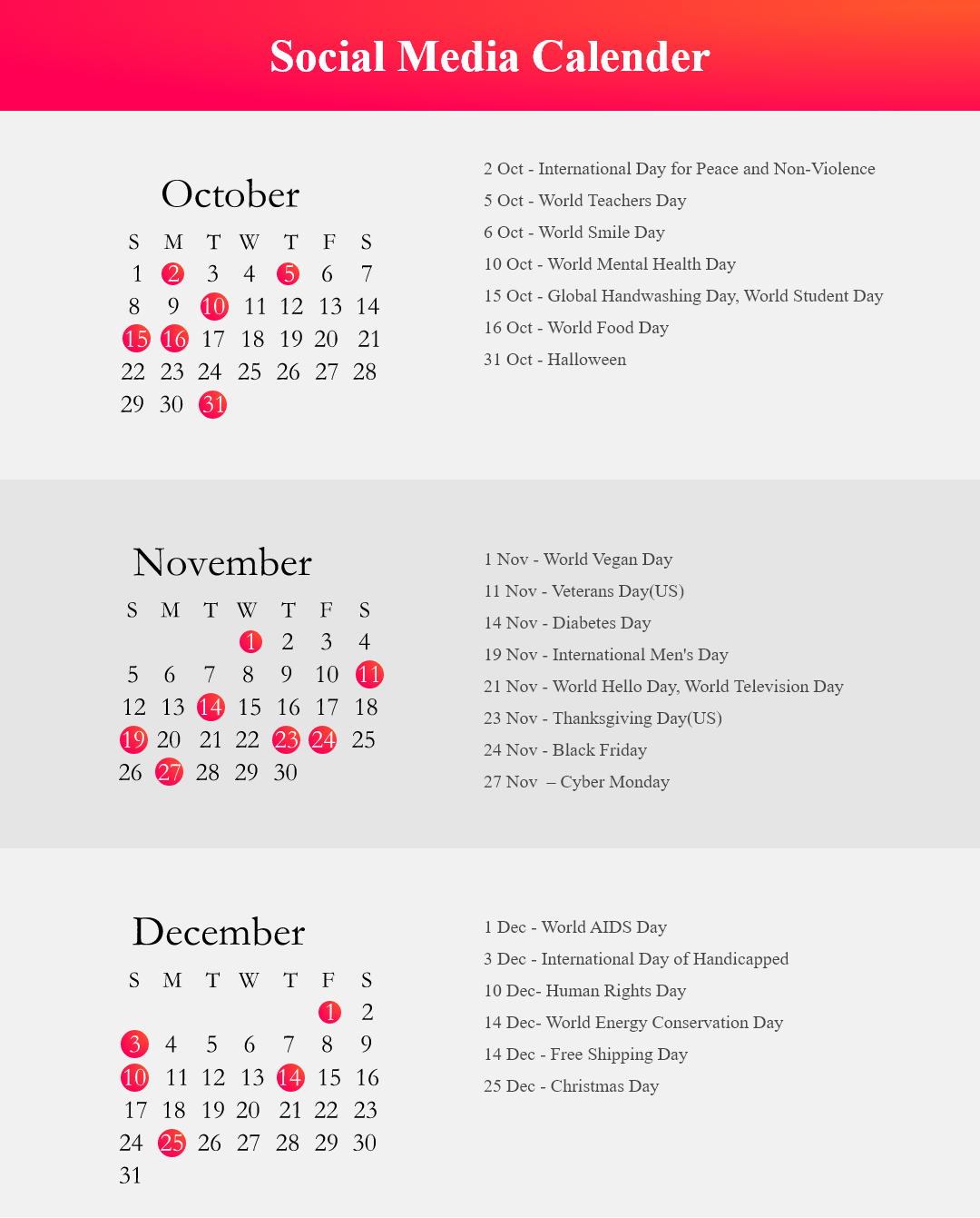 Social Media Calender – Oct To Dec