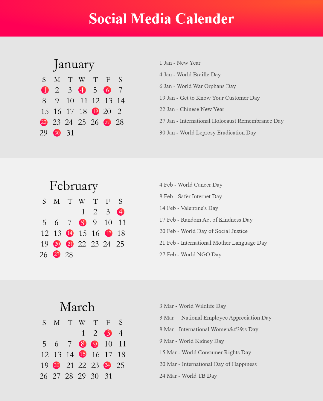 Social Media Calender - Jan to March